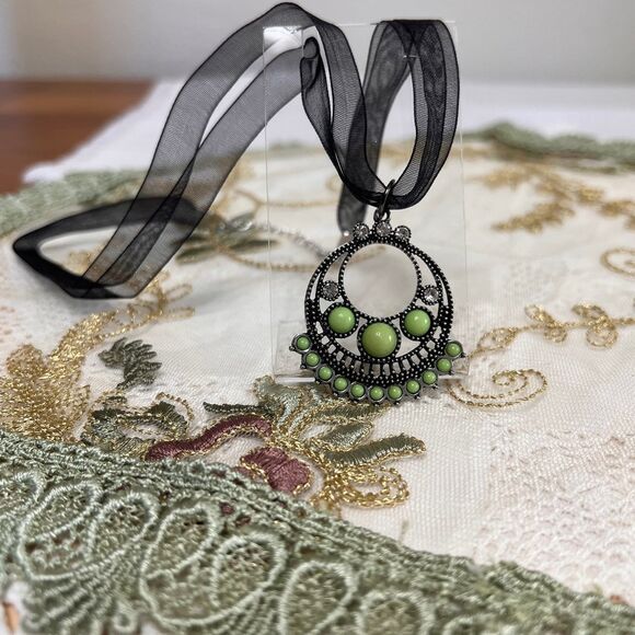 Handmade Boho Style Ribbon Necklace, Black & Green Bogo Necklace - Picture 5 of 6